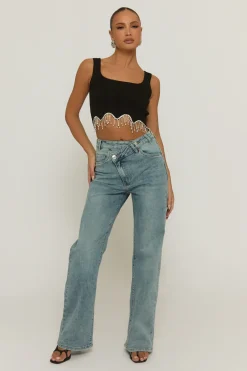 Rebellious Fashion Acid Wash Blue Asymmetric Waist Wide Leg Jeans - Christi