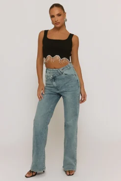 Rebellious Fashion Acid Wash Blue Asymmetric Waist Wide Leg Jeans - Christi