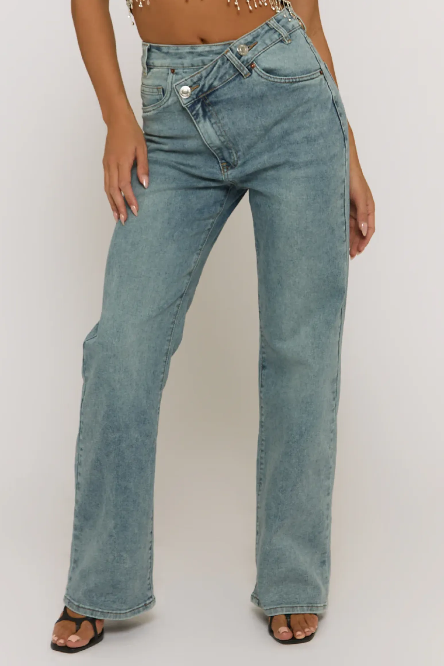 Rebellious Fashion Acid Wash Blue Asymmetric Waist Wide Leg Jeans - Christi