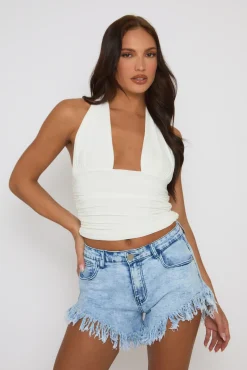 Rebellious Fashion Acid Wash Blue Distressed Hem Denim Shorts - Jensen