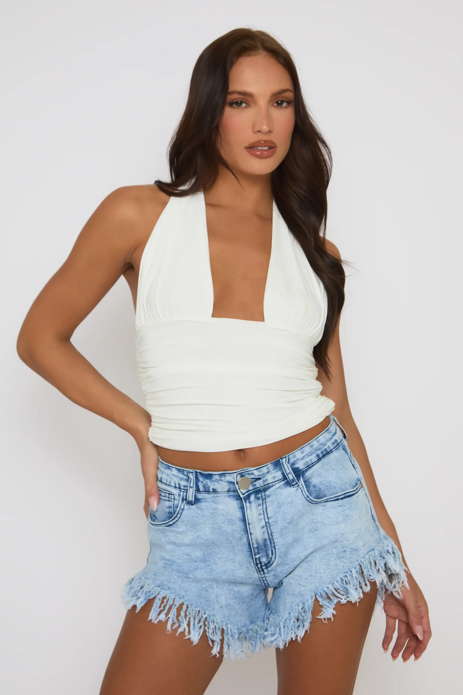 Rebellious Fashion Acid Wash Blue Distressed Hem Denim Shorts - Jensen
