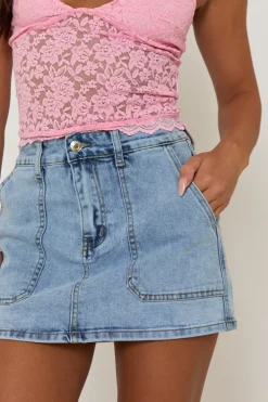 Rebellious Fashion Acid Wash Blue Pocket Detail Denim Mini Skirt - Melania