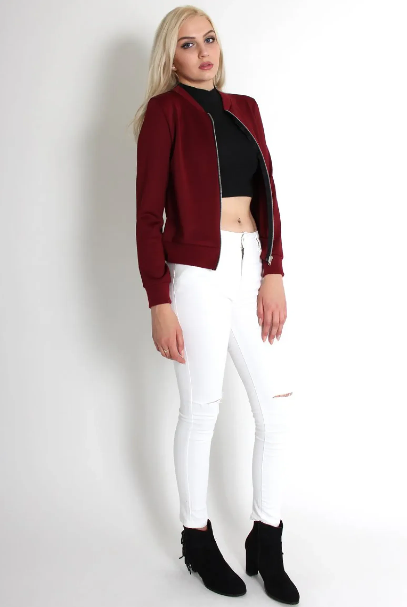 Rebellious Fashion Alexus Wine Zip Front Bomber Jacket