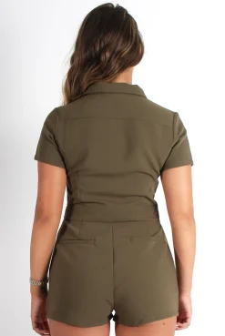 Rebellious Fashion Anita Khaki Zip Front Playsuit