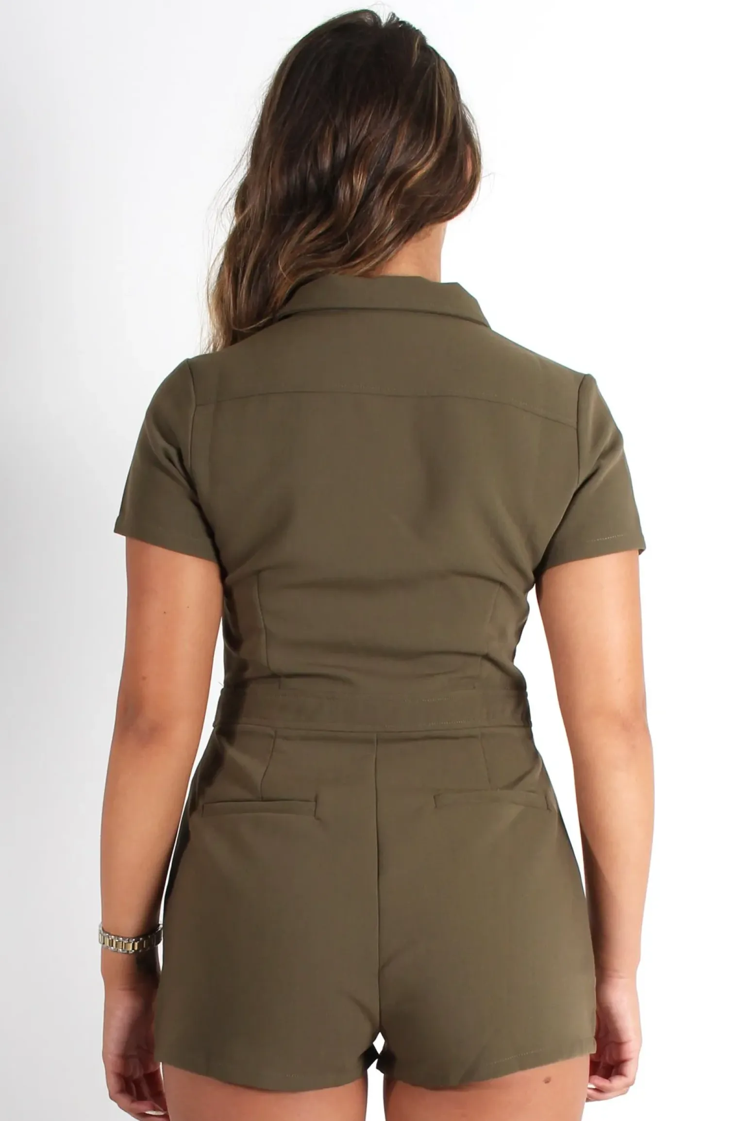Rebellious Fashion Anita Khaki Zip Front Playsuit