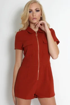 Rebellious Fashion Anita Rust Zip Front Playsuit