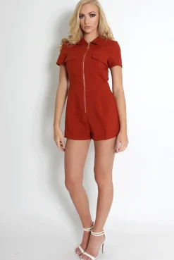 Rebellious Fashion Anita Rust Zip Front Playsuit