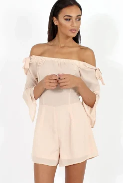 Rebellious Fashion Apricot Bardot Tie Sleeve Playsuit - Elisa