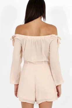 Rebellious Fashion Apricot Bardot Tie Sleeve Playsuit - Elisa