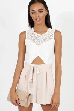 Rebellious Fashion Apricot Lace Pleated Cut Out Playsuit - Renata