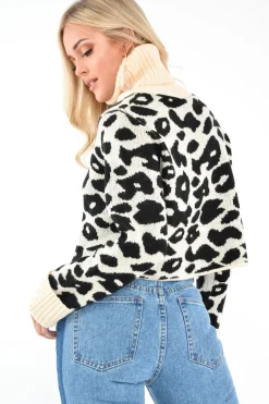 Rebellious Fashion Apricot Leopard Crop Roll Neck Jumper - Halley