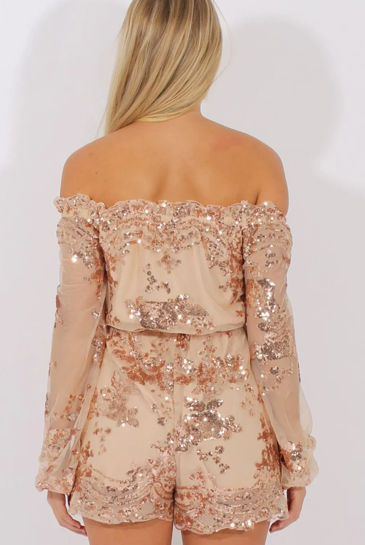 Rebellious Fashion Apricot Mesh Layer Sequin Bardot Playsuit - Leonie