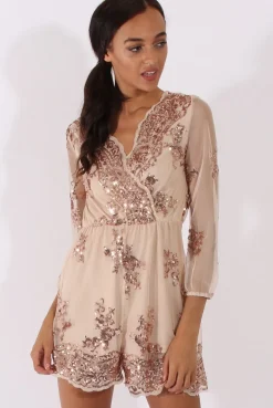 Rebellious Fashion Apricot Mesh Layer Sequin Playsuit - Rowan