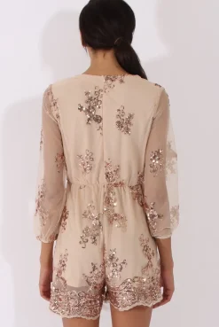 Rebellious Fashion Apricot Mesh Layer Sequin Playsuit - Rowan
