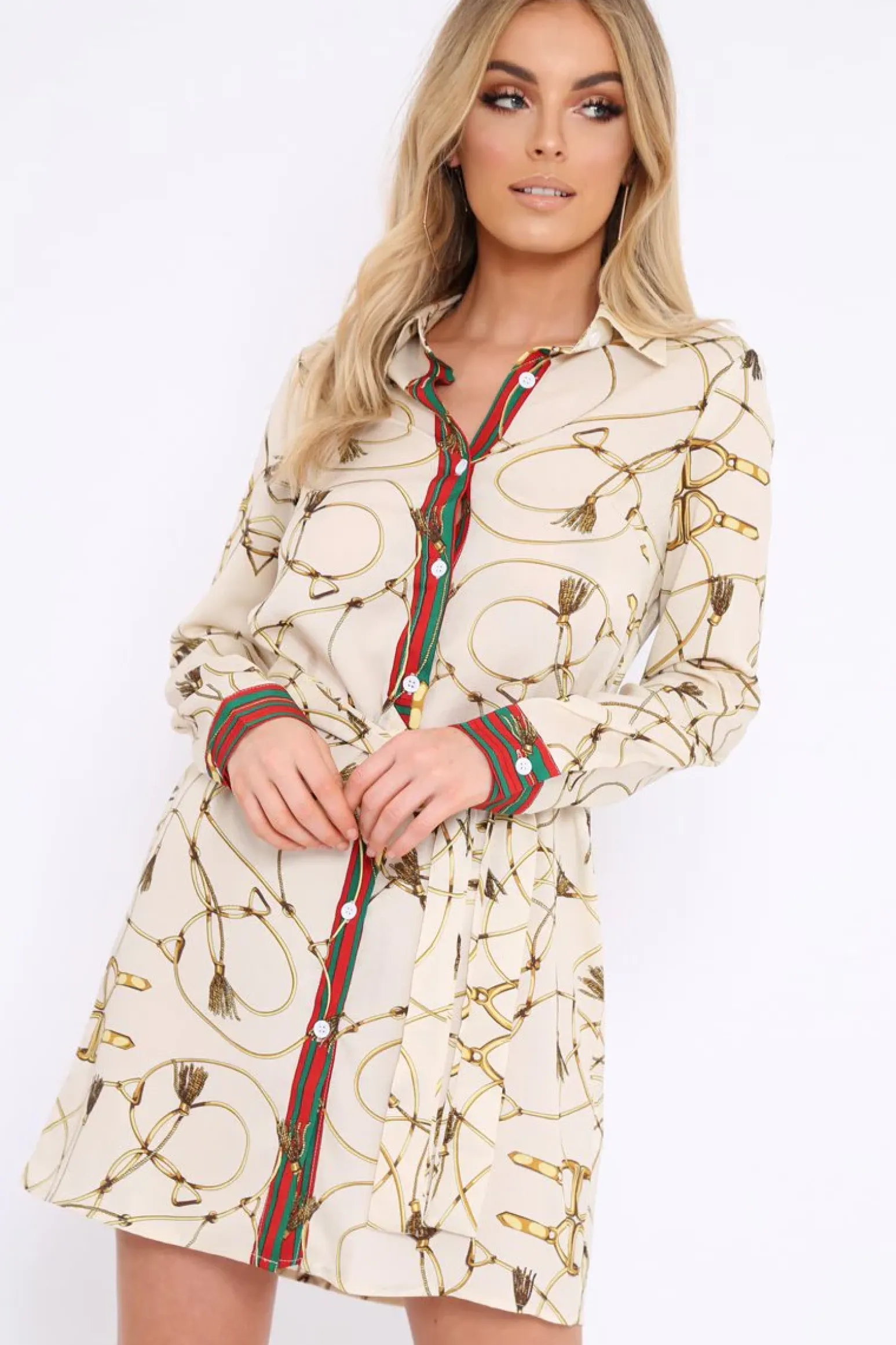 Rebellious Fashion Apricot Rope Print Shirt Dress with Red and Green Trim - Allena
