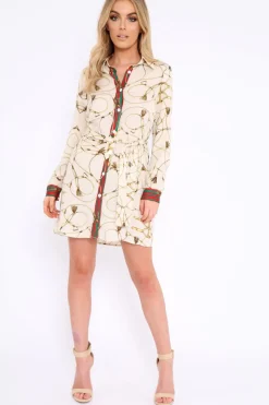 Rebellious Fashion Apricot Rope Print Shirt Dress with Red and Green Trim - Allena