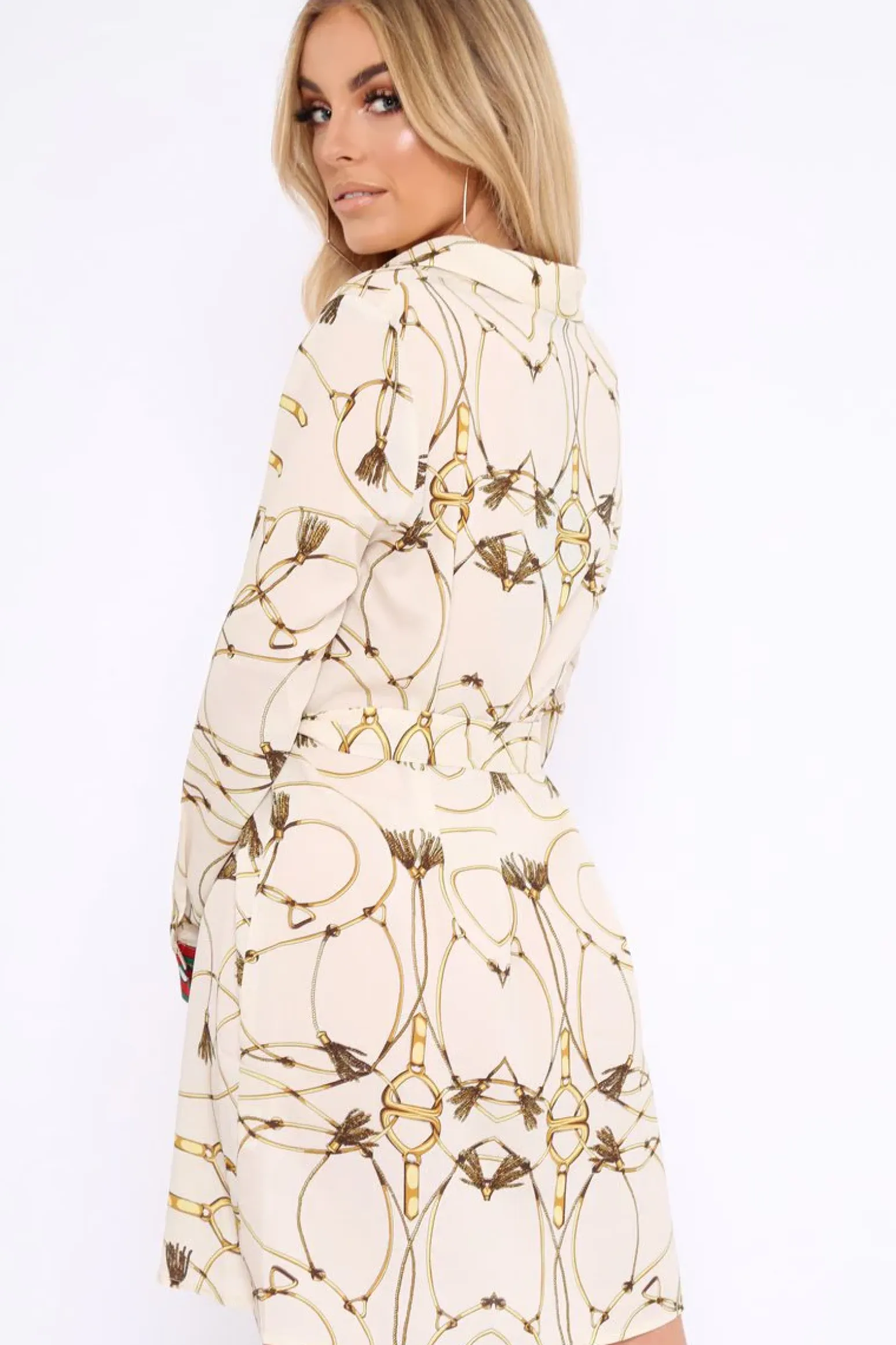 Rebellious Fashion Apricot Rope Print Shirt Dress with Red and Green Trim - Allena