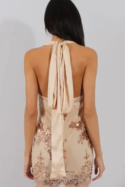 Rebellious Fashion Apricot Sequin Plunge Neck Halter Tie Dress - Twinkle