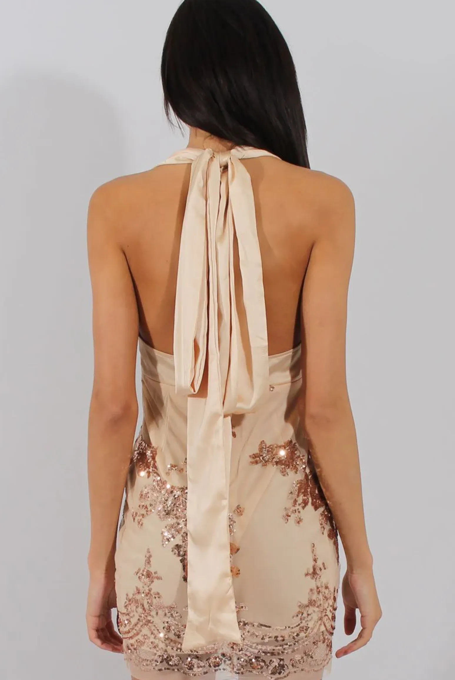 Rebellious Fashion Apricot Sequin Plunge Neck Halter Tie Dress - Twinkle