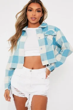 Rebellious Fashion Aqua Brushed Checked Cropped Shacket - Carina