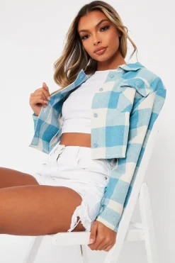 Rebellious Fashion Aqua Brushed Checked Cropped Shacket - Carina