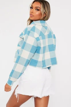 Rebellious Fashion Aqua Brushed Checked Cropped Shacket - Carina