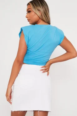 Rebellious Fashion Aqua Front Seam Shoulder Pad Crop Top - Cissa