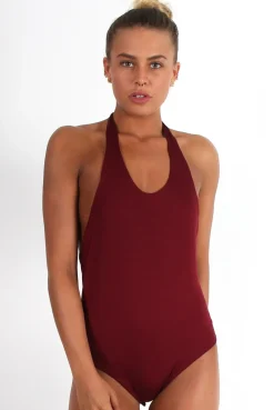Rebellious Fashion Athene Burgundy Halter Neck Bodysuit