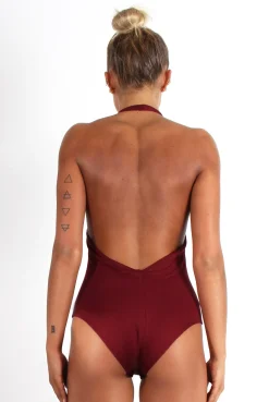 Rebellious Fashion Athene Burgundy Halter Neck Bodysuit