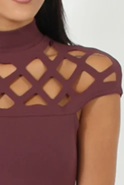 Rebellious Fashion Aubergine Cage High Neck Bodycon Dress- Kade