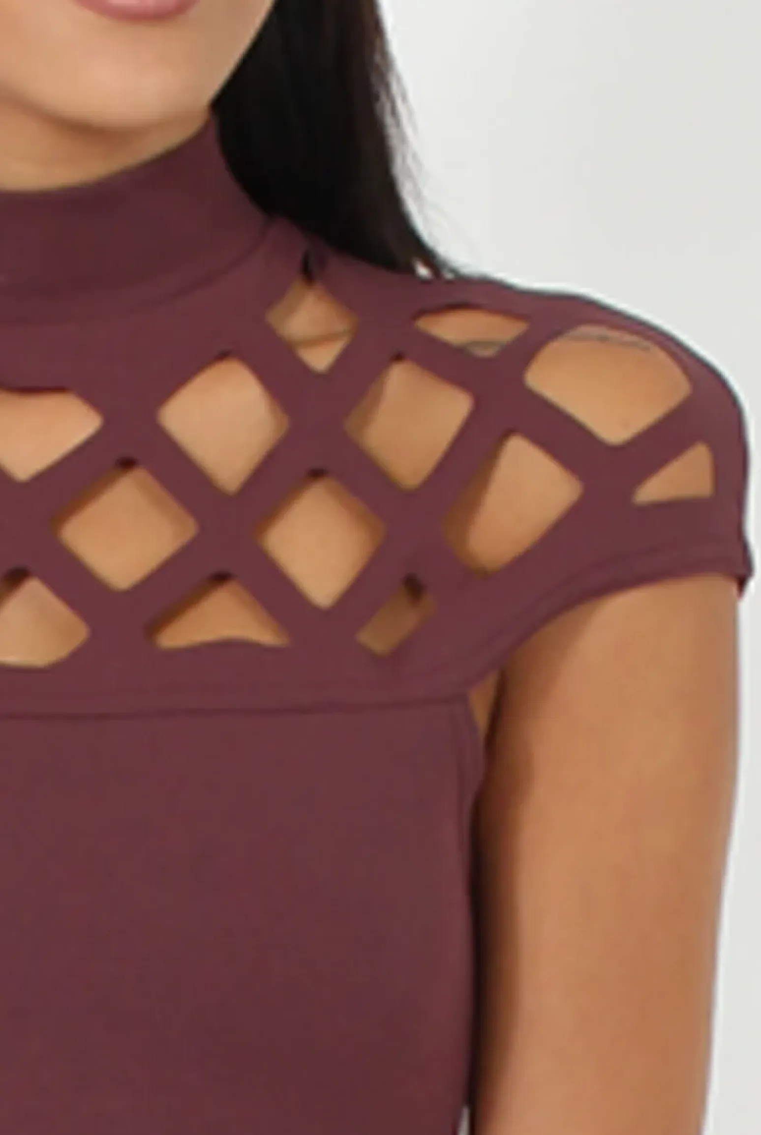Rebellious Fashion Aubergine Cage High Neck Bodycon Dress- Kade
