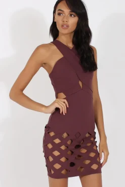Rebellious Fashion Aubergine Cut Out Cage Dress - Petal