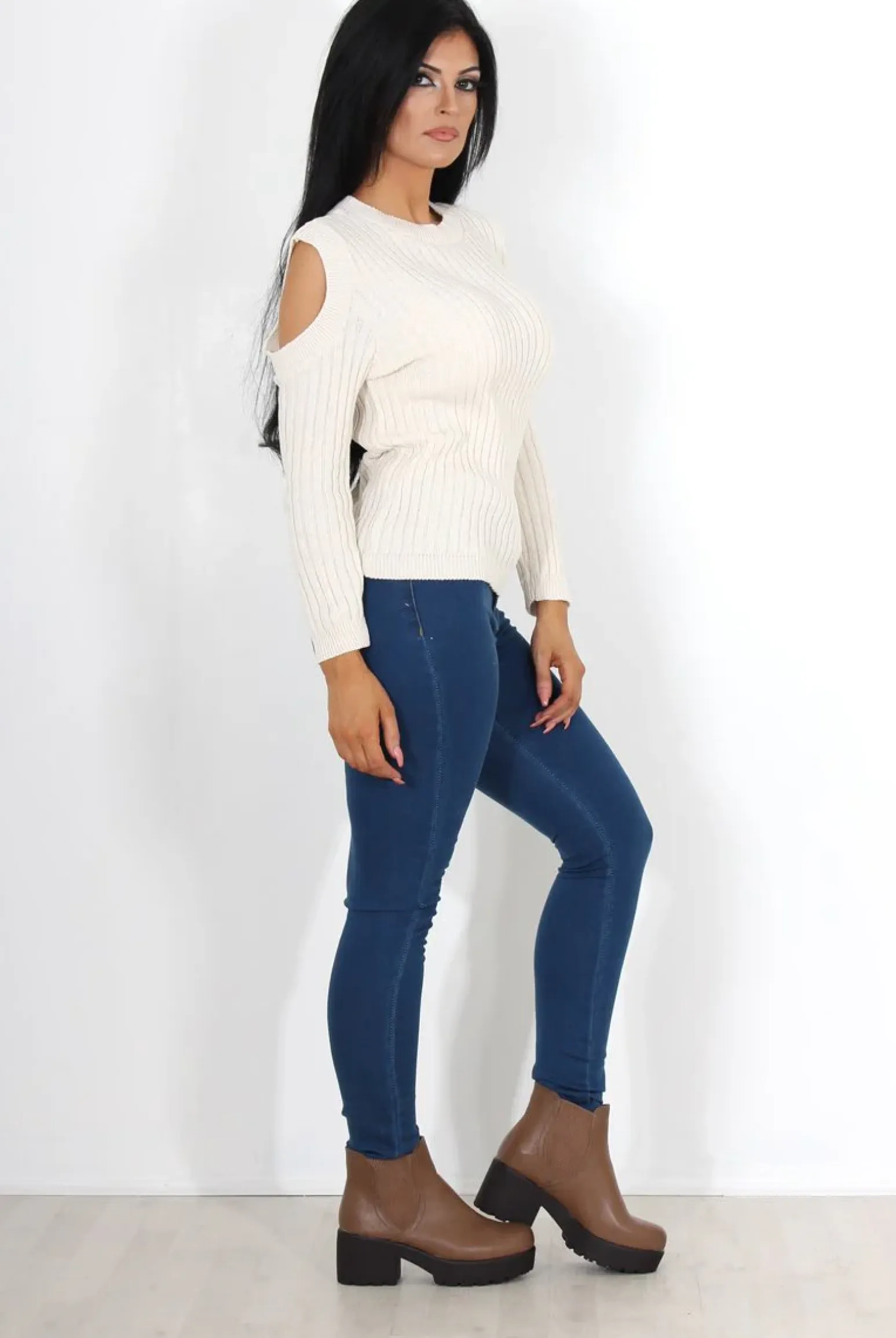 Rebellious Fashion Auden Beige Cold Shoulder Top