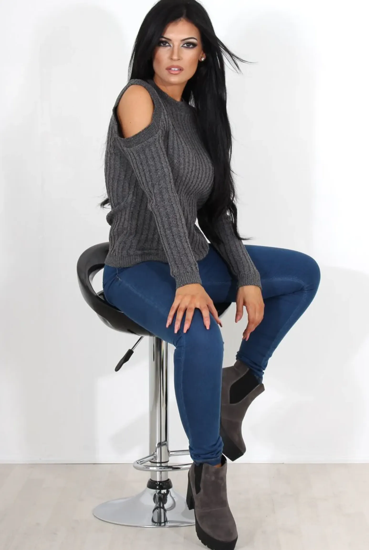 Rebellious Fashion Auden Grey Cold Shoulder Top