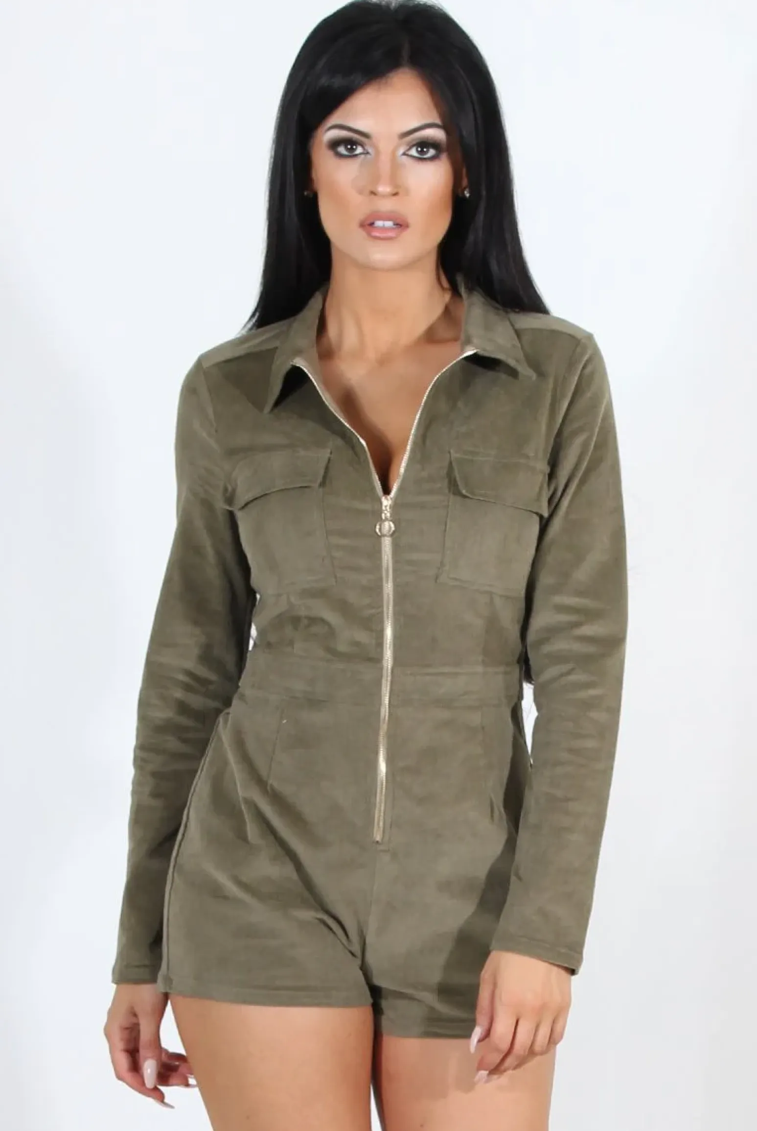 Rebellious Fashion Avah Khaki Suede Zip Front Playsuit