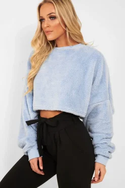 Rebellious Fashion Baby Blue Fluffy Long Sleeve Crop Jumper - Noura