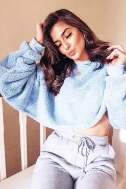 Rebellious Fashion Baby Blue Fluffy Long Sleeve Crop Jumper - Noura