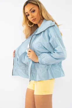 Rebellious Fashion Baby Blue Zip Front Rain Jacket - Idalie