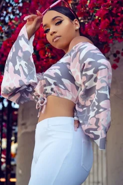 Rebellious Fashion Baby Pink Camo Extreme Flared Sleeved Crop Top - Dalis