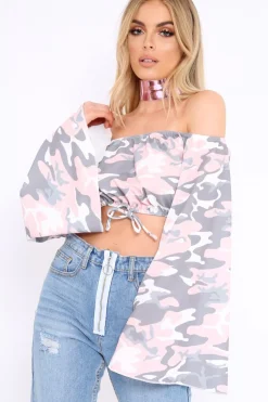 Rebellious Fashion Baby Pink Camo Extreme Flared Sleeved Crop Top - Dalis