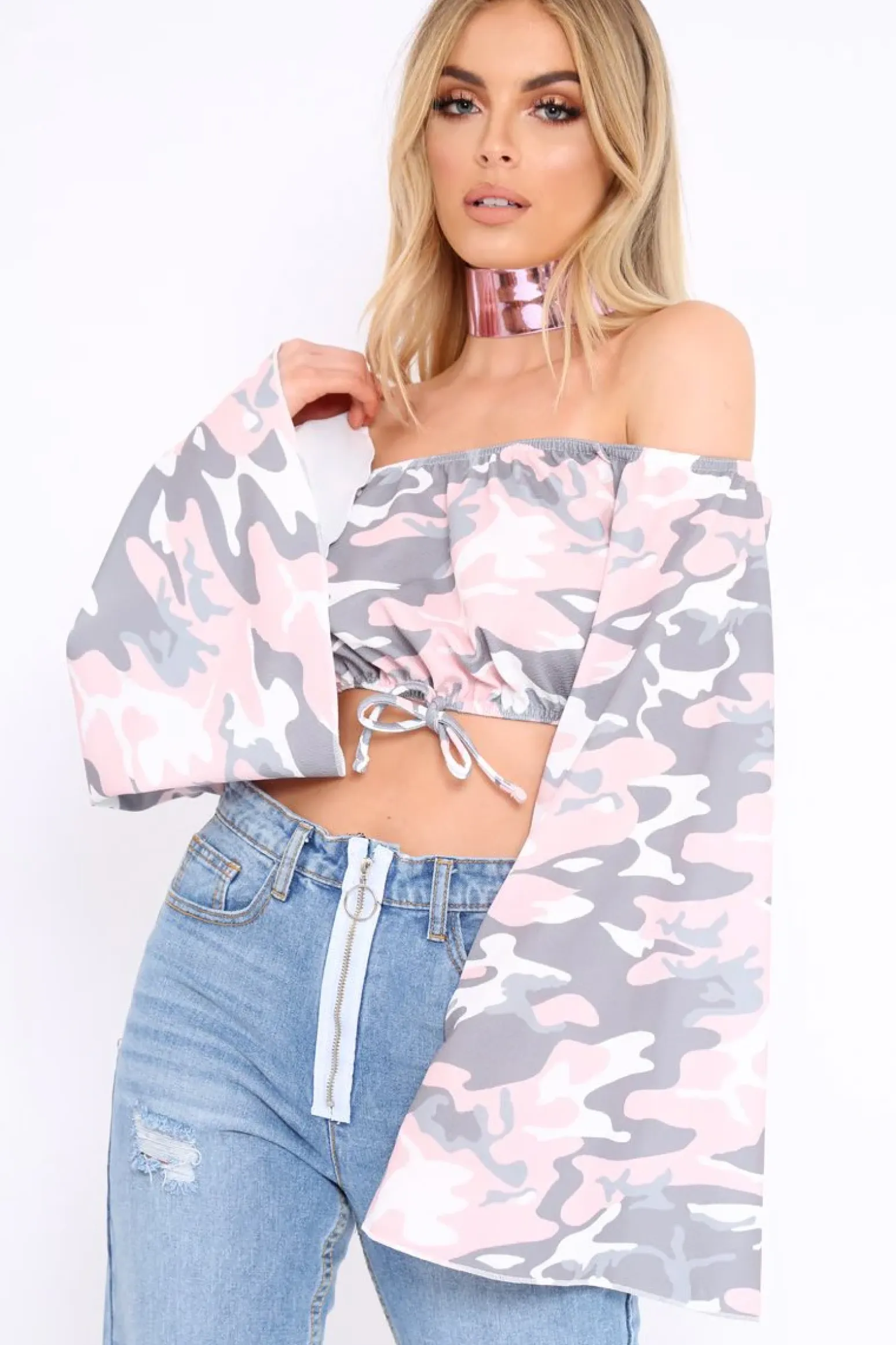 Rebellious Fashion Baby Pink Camo Extreme Flared Sleeved Crop Top - Dalis