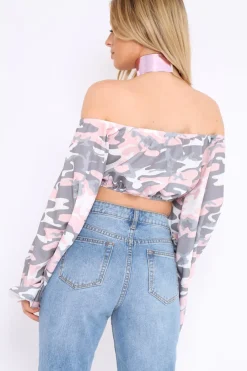 Rebellious Fashion Baby Pink Camo Extreme Flared Sleeved Crop Top - Dalis