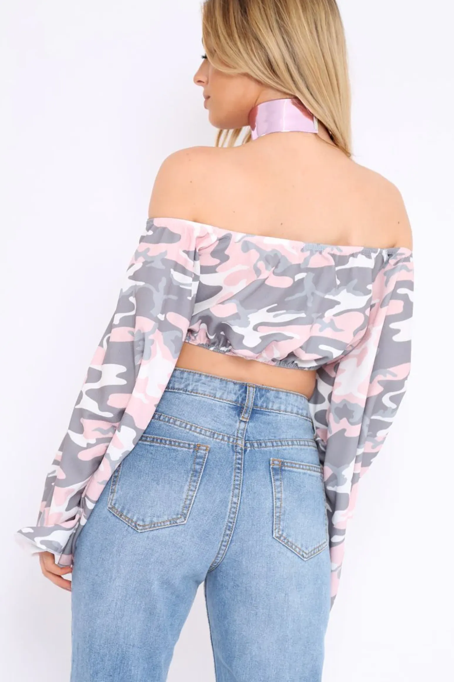 Rebellious Fashion Baby Pink Camo Extreme Flared Sleeved Crop Top - Dalis