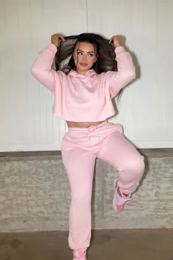 Rebellious Fashion Baby Pink Cropped Oversized Hoodie and Joggers Co-ord - Karenza
