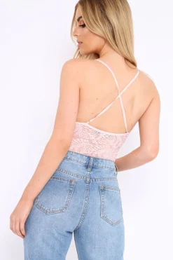 Rebellious Fashion Baby Pink Lace Cross Back Bodysuit - Brogan