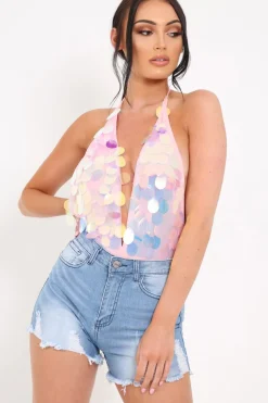 Rebellious Fashion Baby Pink Large Sequin Bodysuit - Grissel