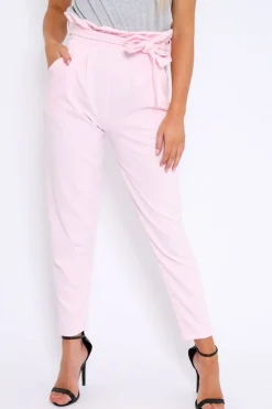 Rebellious Fashion Baby Pink Paper Bag Tie Waist Cigarette Trousers - Karmen