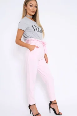 Rebellious Fashion Baby Pink Paper Bag Tie Waist Cigarette Trousers - Karmen