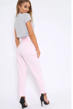 Rebellious Fashion Baby Pink Paper Bag Tie Waist Cigarette Trousers - Karmen