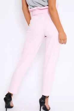 Rebellious Fashion Baby Pink Paper Bag Tie Waist Cigarette Trousers - Karmen